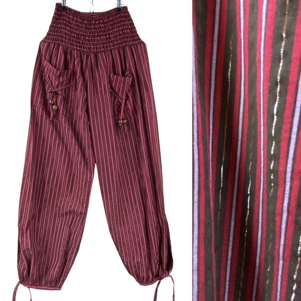 Boho Striped Cotton Pants Lurex Smocked Waistband Size S Balloon Leg
